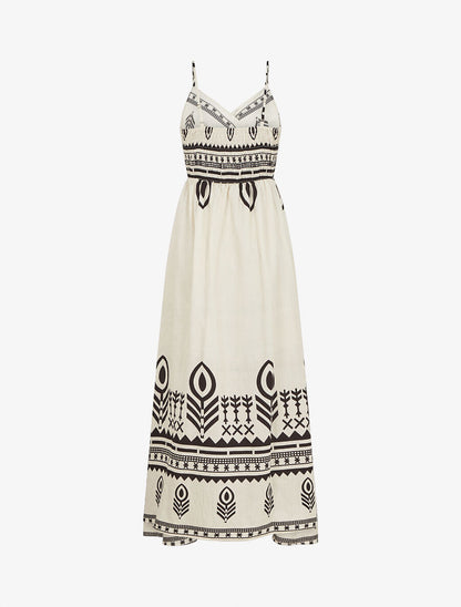 Robe longue à fines bretelles imprimé ethnique - Écru - 2