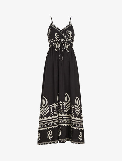 Robe longue à fines bretelles imprimé ethnique - Noir - 1