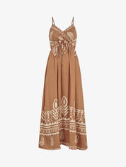 Robe longue à fines bretelles imprimé ethnique - Camel - 4