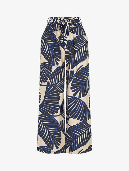 Pantalon imprimé feuillage à taille haute élastiquée - Marine - 1