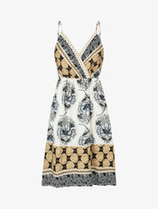 Robe mi-longue à bretelles imprimé arabesque - Noir - 1