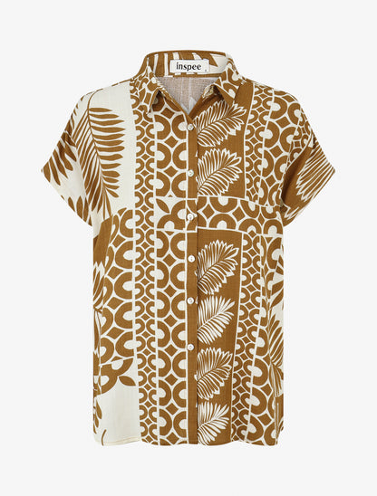 Chemise ample manches courtes imprimé tropical - Marron - 1