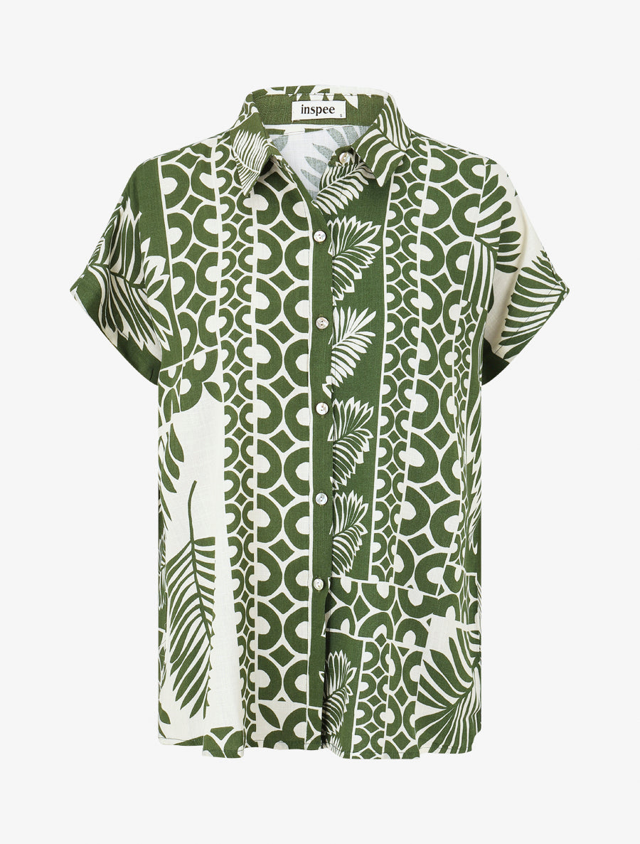 Chemise ample manches courtes imprimé tropical - Kaki - 1