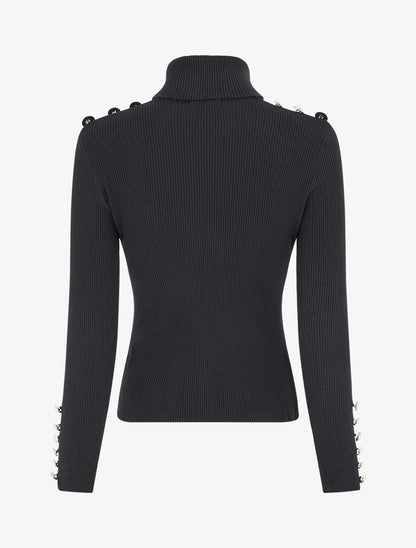 Pull côtelé à col roulé et boutons - Noir - 2