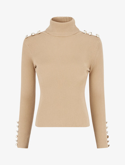 Pull côtelé à col roulé et boutons - Beige - 1