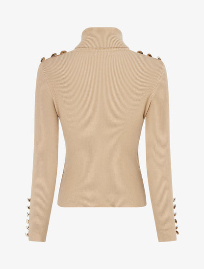 Pull côtelé à col roulé et boutons - Beige - 2