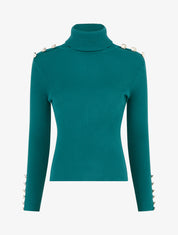 Pull côtelé à col roulé et boutons - Vert bouteille - 1