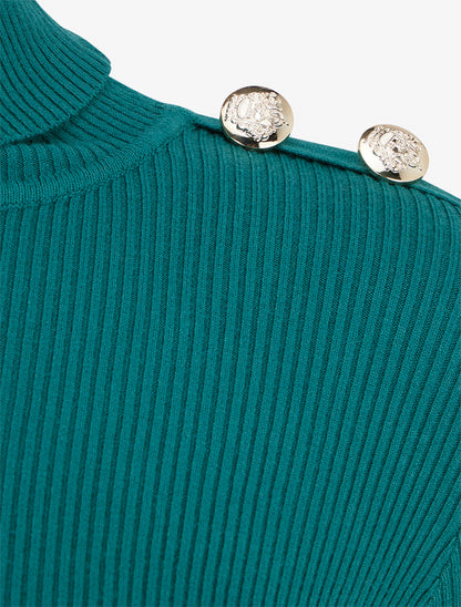 Pull côtelé à col roulé et boutons - Vert bouteille - 3