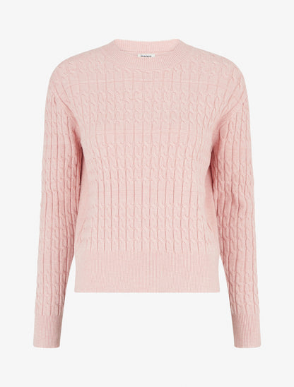 Pull droit à col rond en maille tressée - Rose - 1