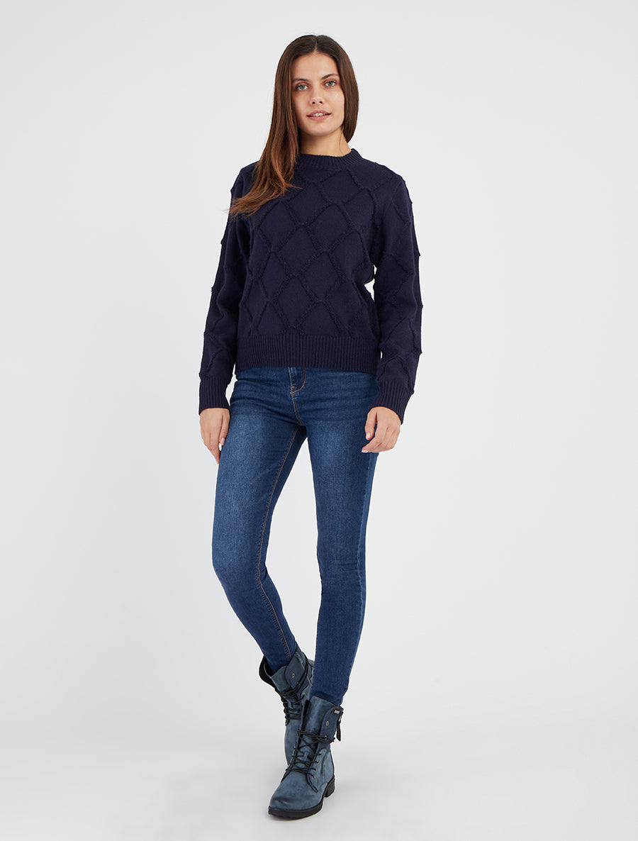 Pull à col rond effet quadrillé - Marine - 8