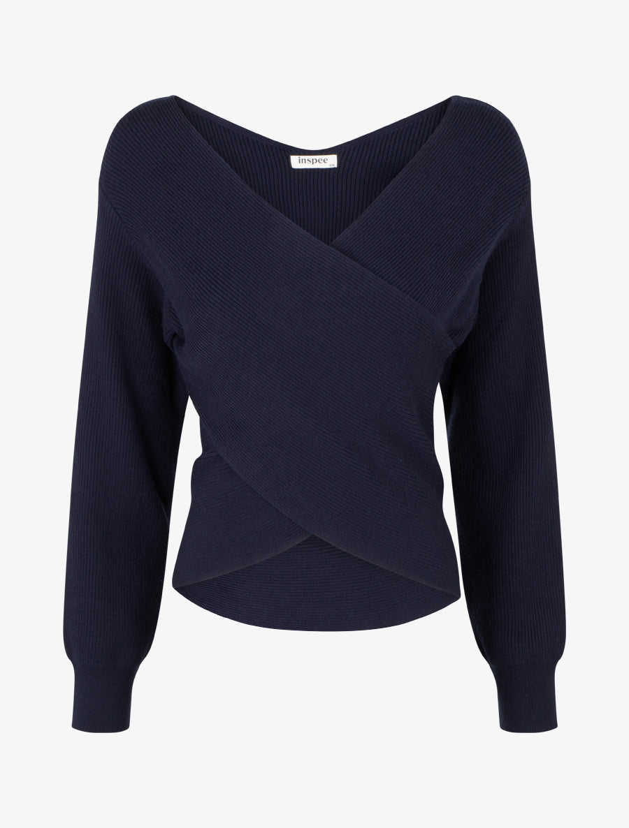 Rippenpullover mit Wickelausschnitt - Marine