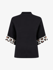 Pull à col montant et détail imprimé léopard - Noir - 1