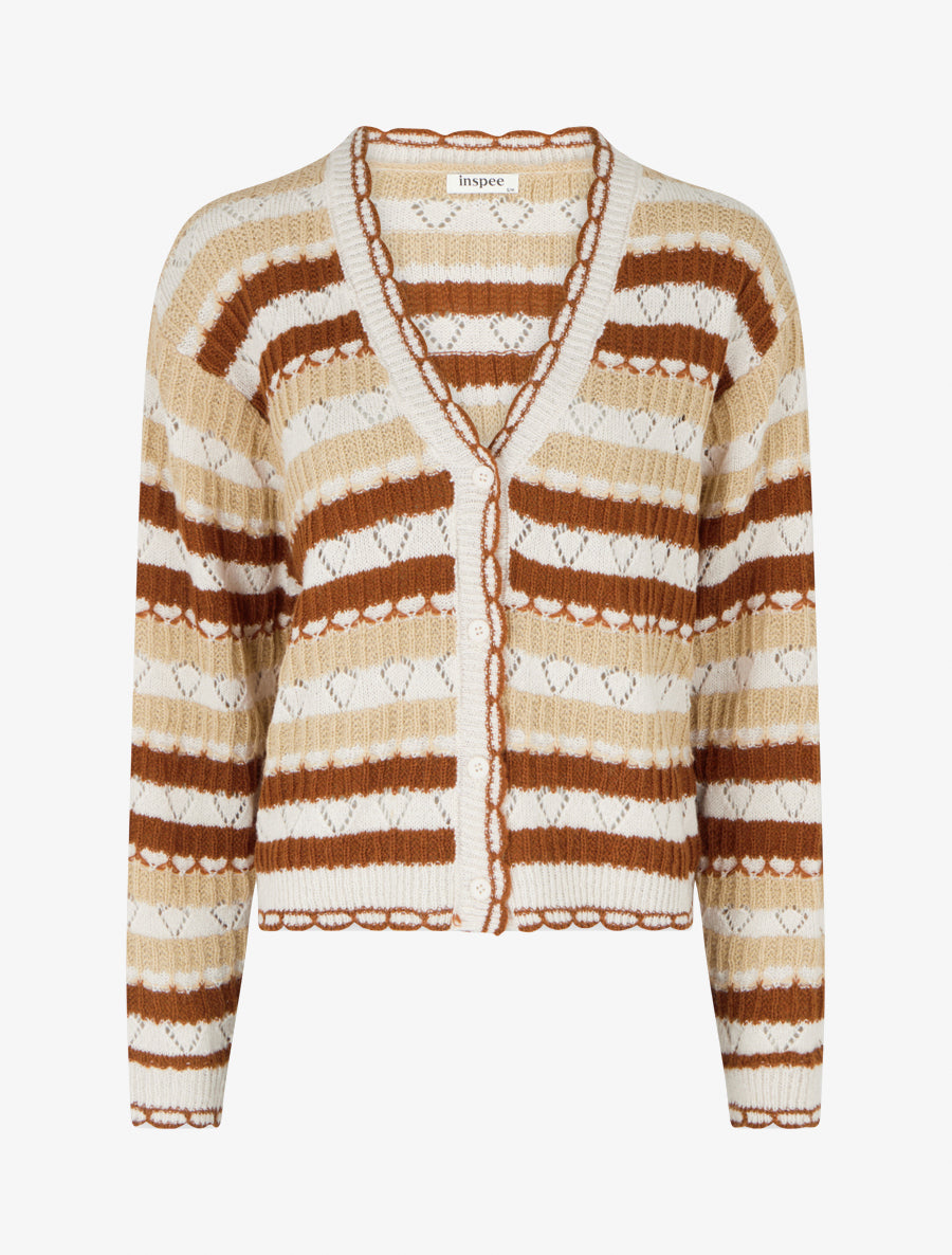 Gilet rayé en maille fantaisie à col V - Beige - 1