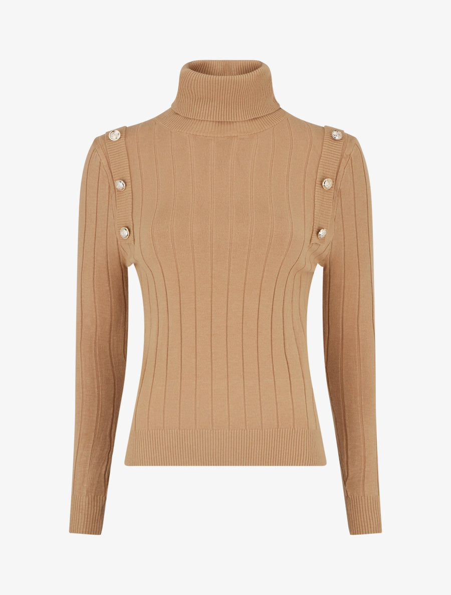 Pull fin à roulé et boutons décoratifs - Camel - 1