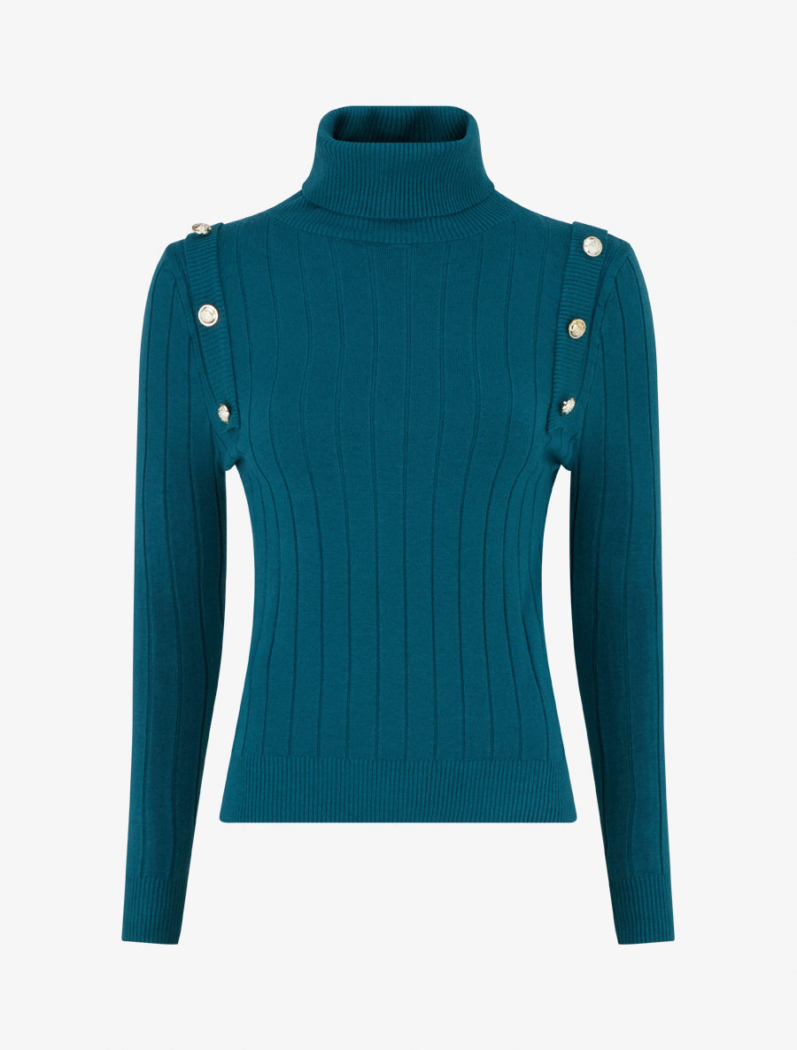 Pull fin à roulé et boutons décoratifs - Bleu canard - 1