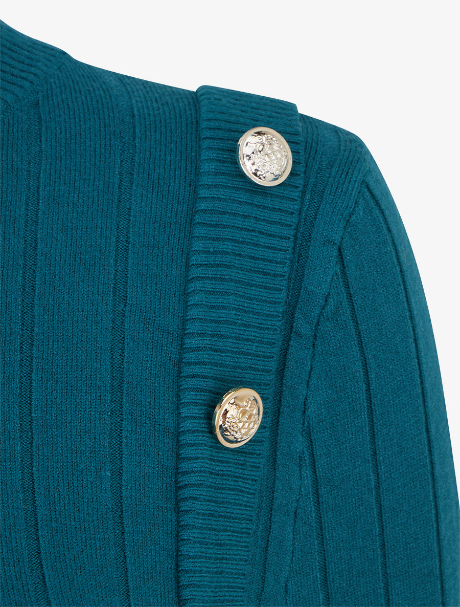 Pull fin à roulé et boutons décoratifs - Bleu canard - 3