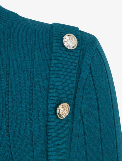 Pull fin à roulé et boutons décoratifs - Bleu canard - 3