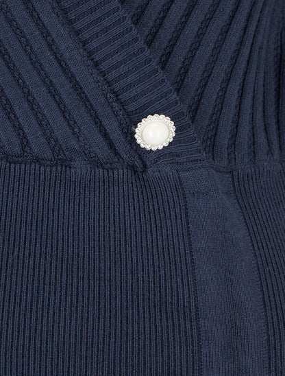 Pull à col V et boutons décoratifs strassés - Marine - 3