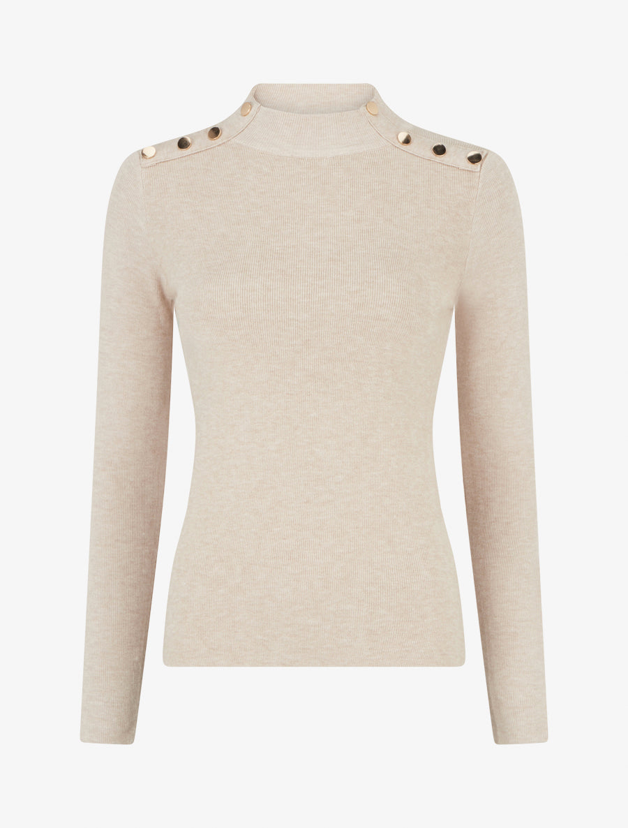 Pull côtelé ajusté à boutons dorés - Beige - 1