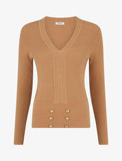 Pull à col V et boutons décoratifs - Camel - 1