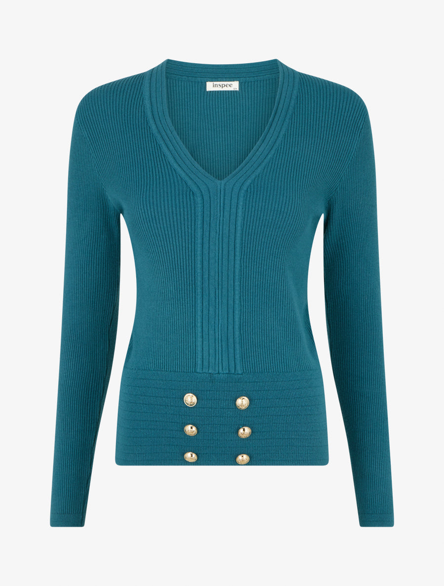 Pull à col V et boutons décoratifs - Bleu canard - 1