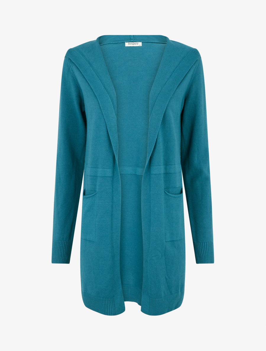 Gilet long uni à capuche - Bleu canard - 1