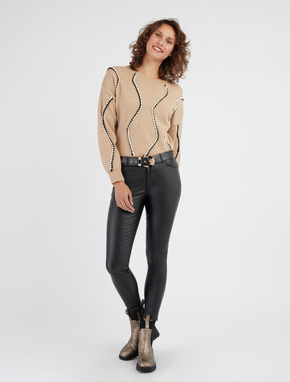 Gerader Pullover mit schimmernden Zöpfen - Beige