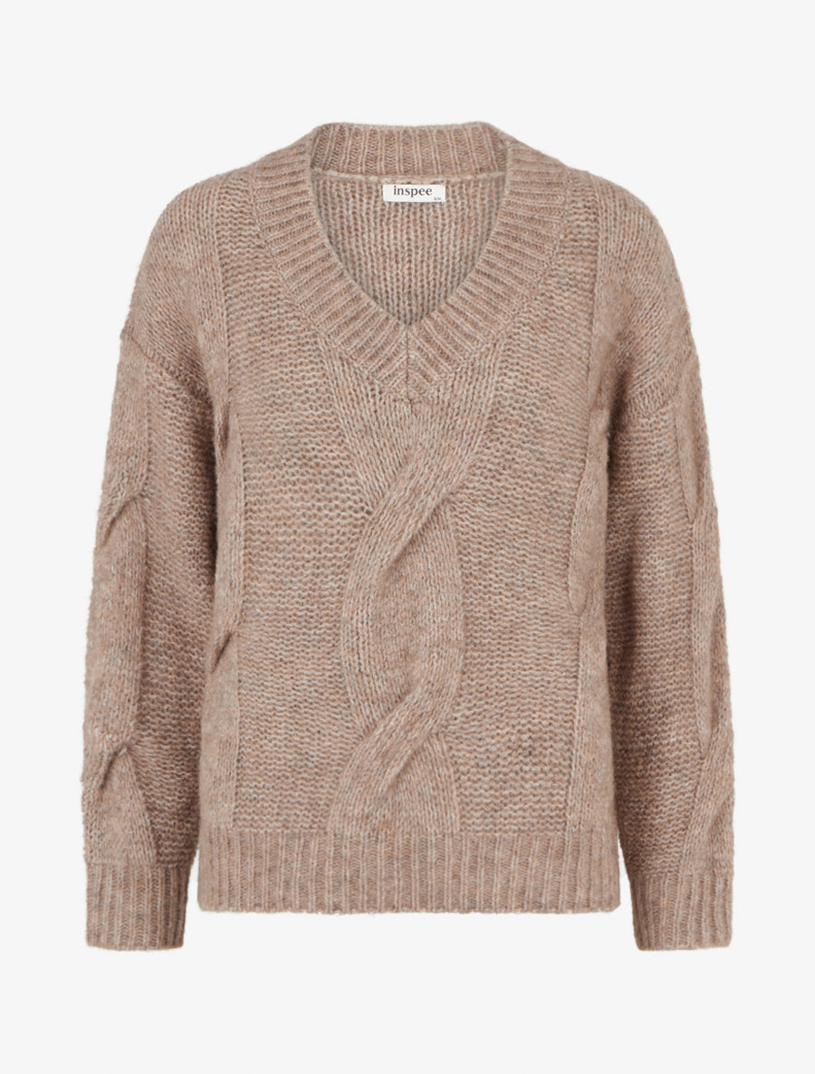 Pull droit en maille épaisse torsadée - Taupe - 1