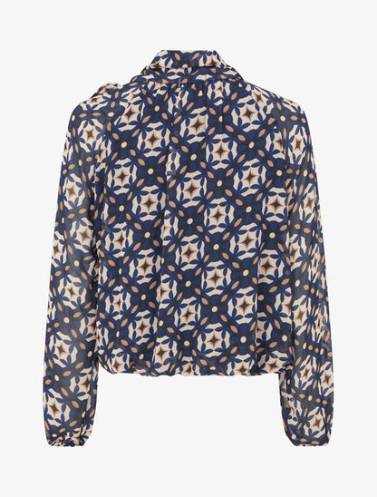 Blouse imprimé rétro à nouer - Marine - 2