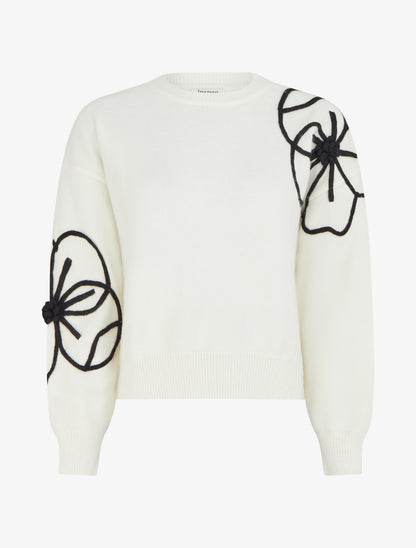 Pull en maille à manches à fleurs - Écru - 1