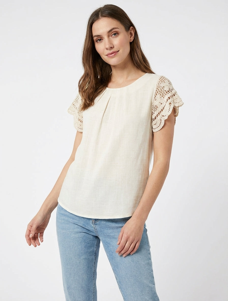 Kurzarm-Oberteil mit Stickerei - Creme