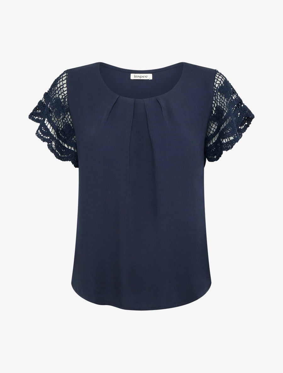 Top uni à manches courtes brodées - Marine - 1