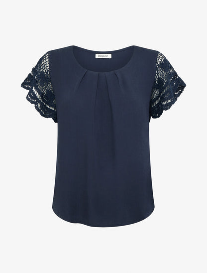 Top uni à manches courtes brodées - Marine - 1