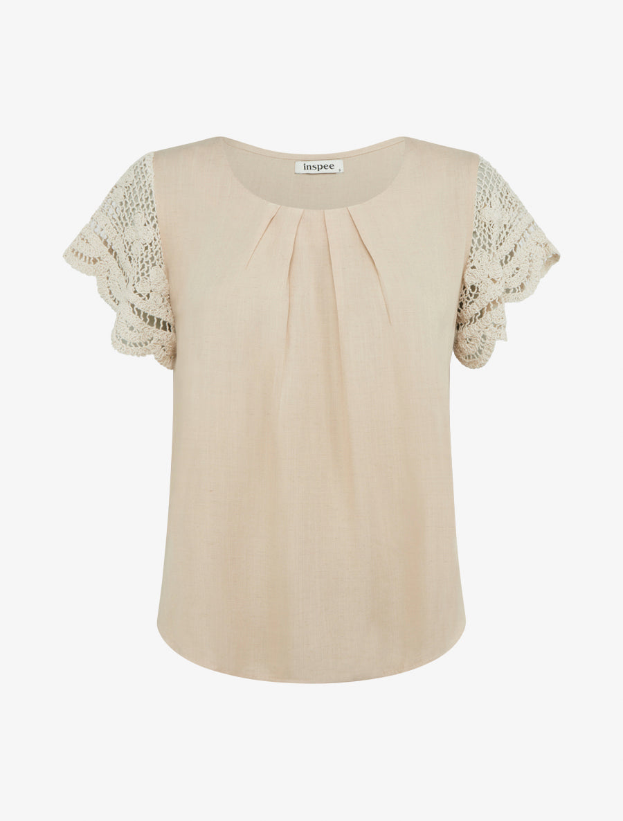 Top uni à manches courtes brodées - Beige - 1