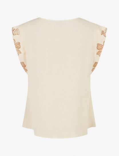 Top uni à mancherons brodés - Beige - 2