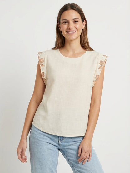 Top mit bestickten Flügelärmeln - Beige