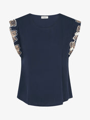 Top uni à mancherons brodés - Marine - 1