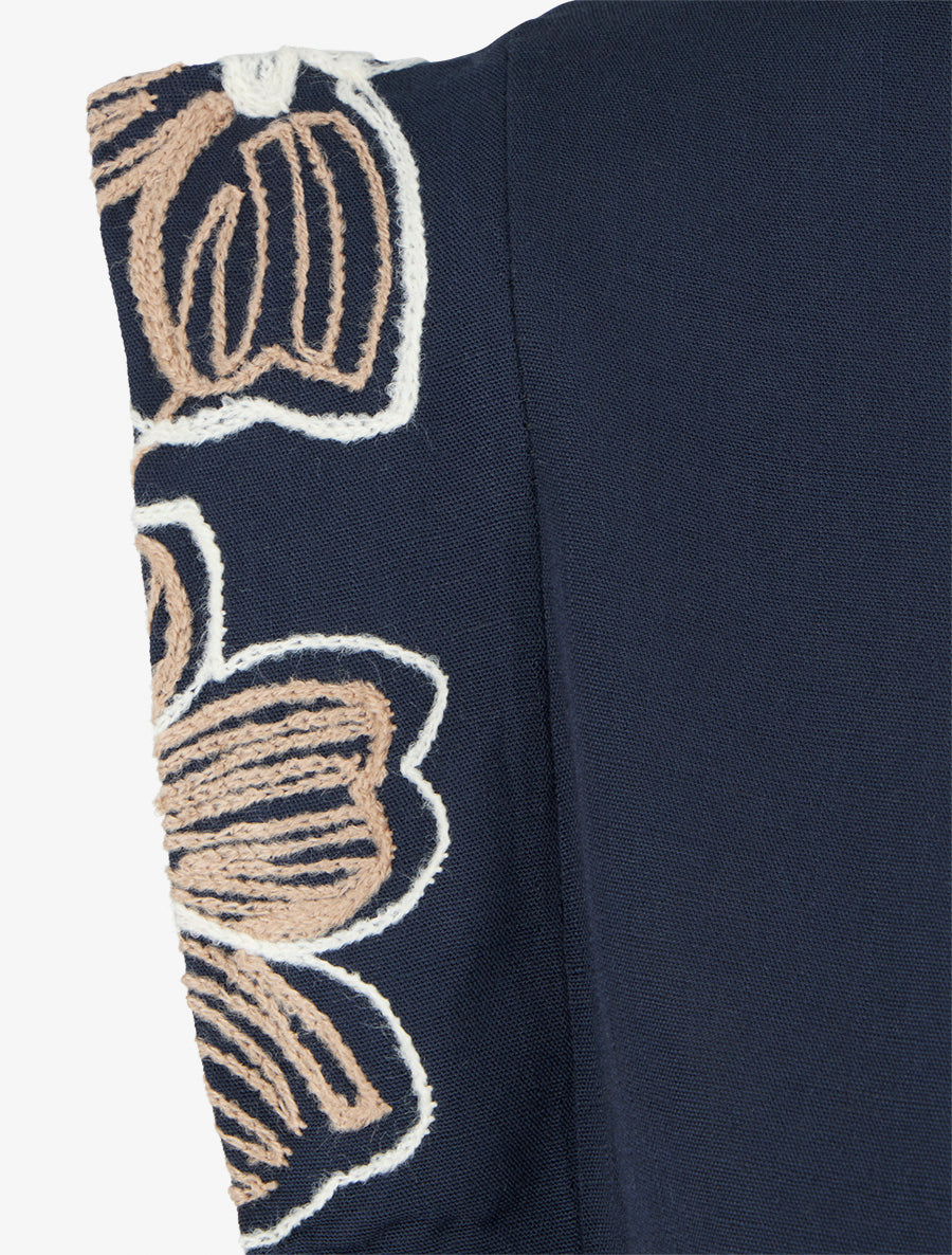 Top uni à mancherons brodés - Marine - 3