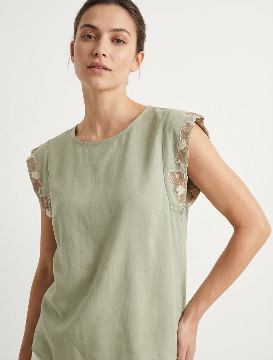 Top mit bestickten Flügelärmeln - Kaki