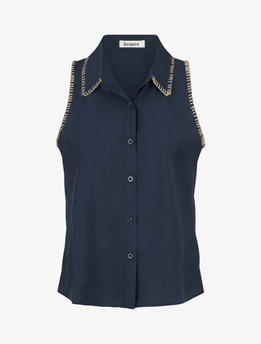 Chemisier uni sans manches boutonné - Marine - 1