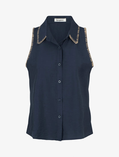 Chemisier uni sans manches boutonné - Marine - 1