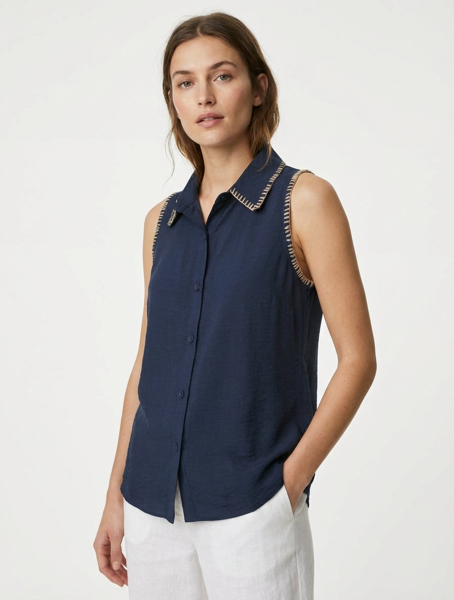 Ärmellose einfarbige Bluse mit Knöpfen - Marine