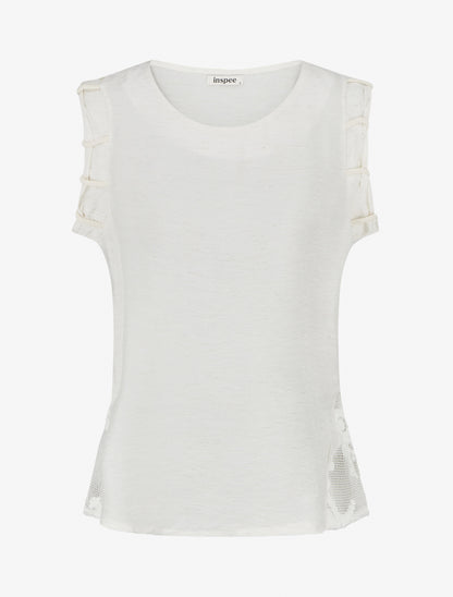 Top uni à détail effet cordes et broderies ajourés - Crème - 1