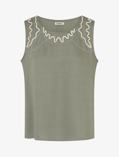 Top uni à détail broderies vagues - Kaki - 1
