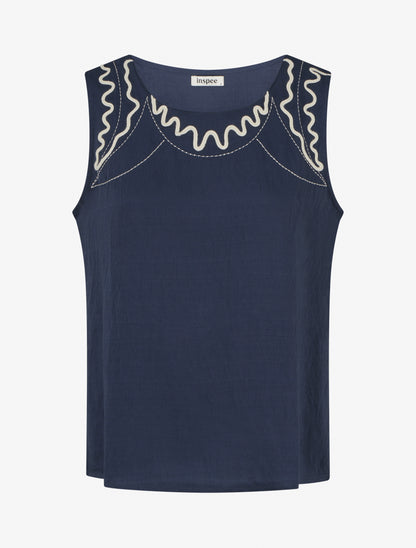 Top uni à détail broderies vagues - Marine - 1