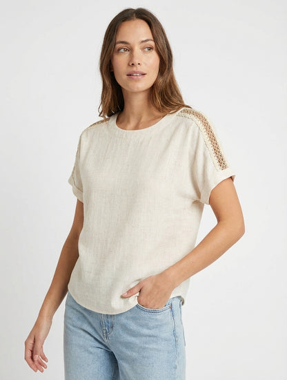 Kurzarm-Top mit Lochstickerei - Creme