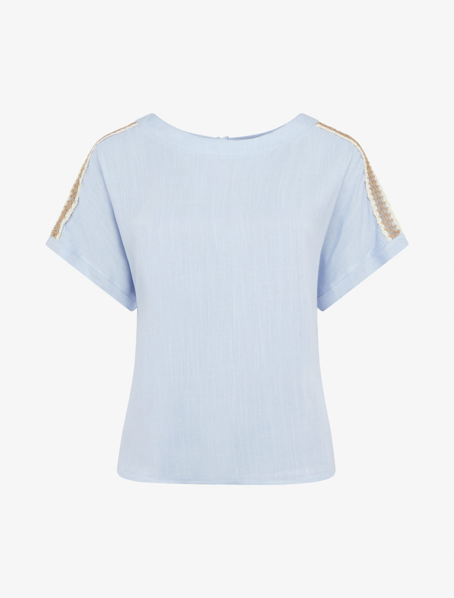 Top manches courtes à broderies ajourés - Bleu ciel - 1