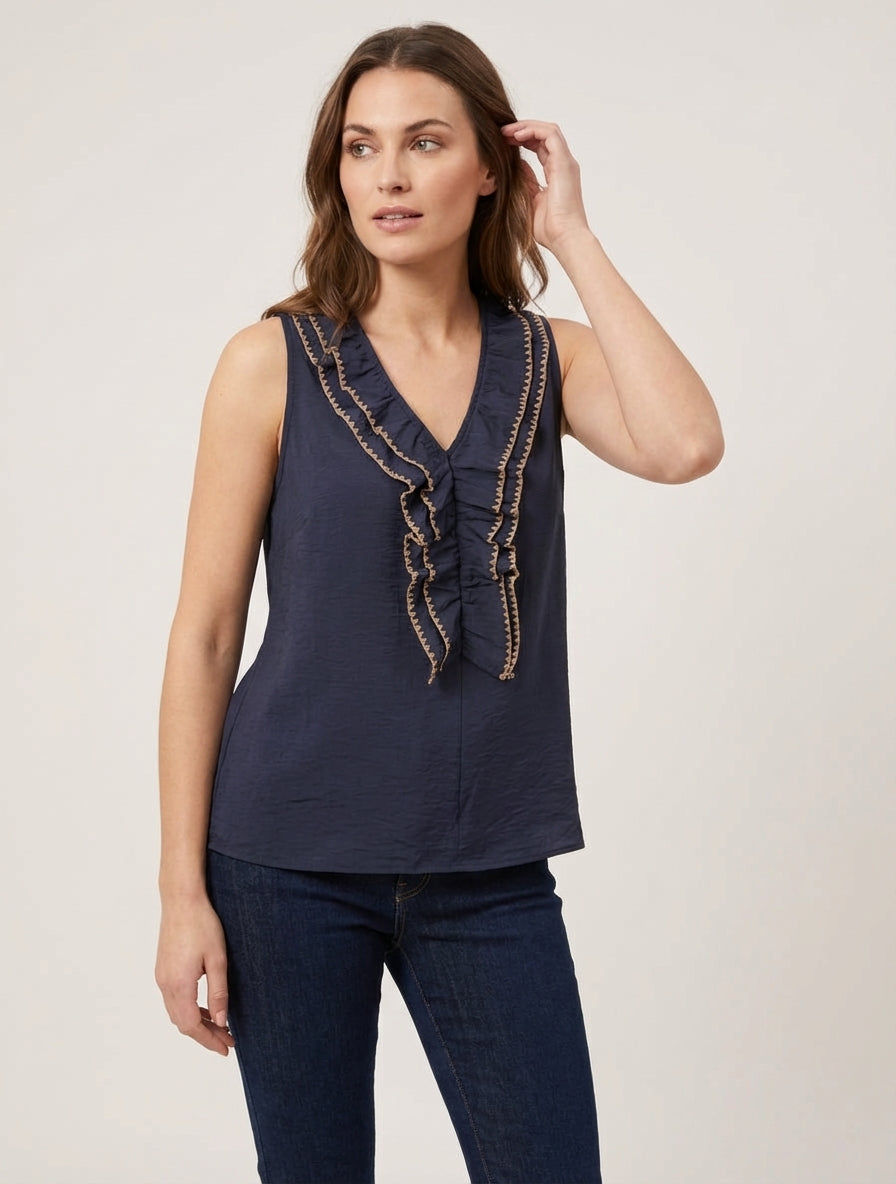 Ärmelloses Oberteil mit Rüschen-V-Ausschnitt. - Marine