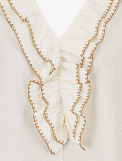 Top sans manches à col V volanté - Écru - 3