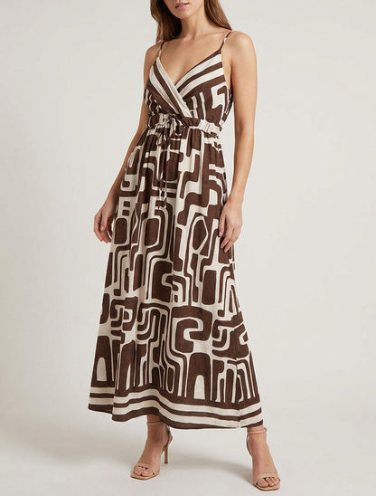 Langes Kleid mit grafischem Druck - Braun